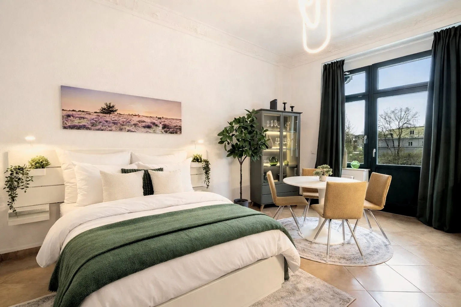 Schlafbereich mit Ring-Pendelleuchte im Boutique-Apartment Green I in Dresden
